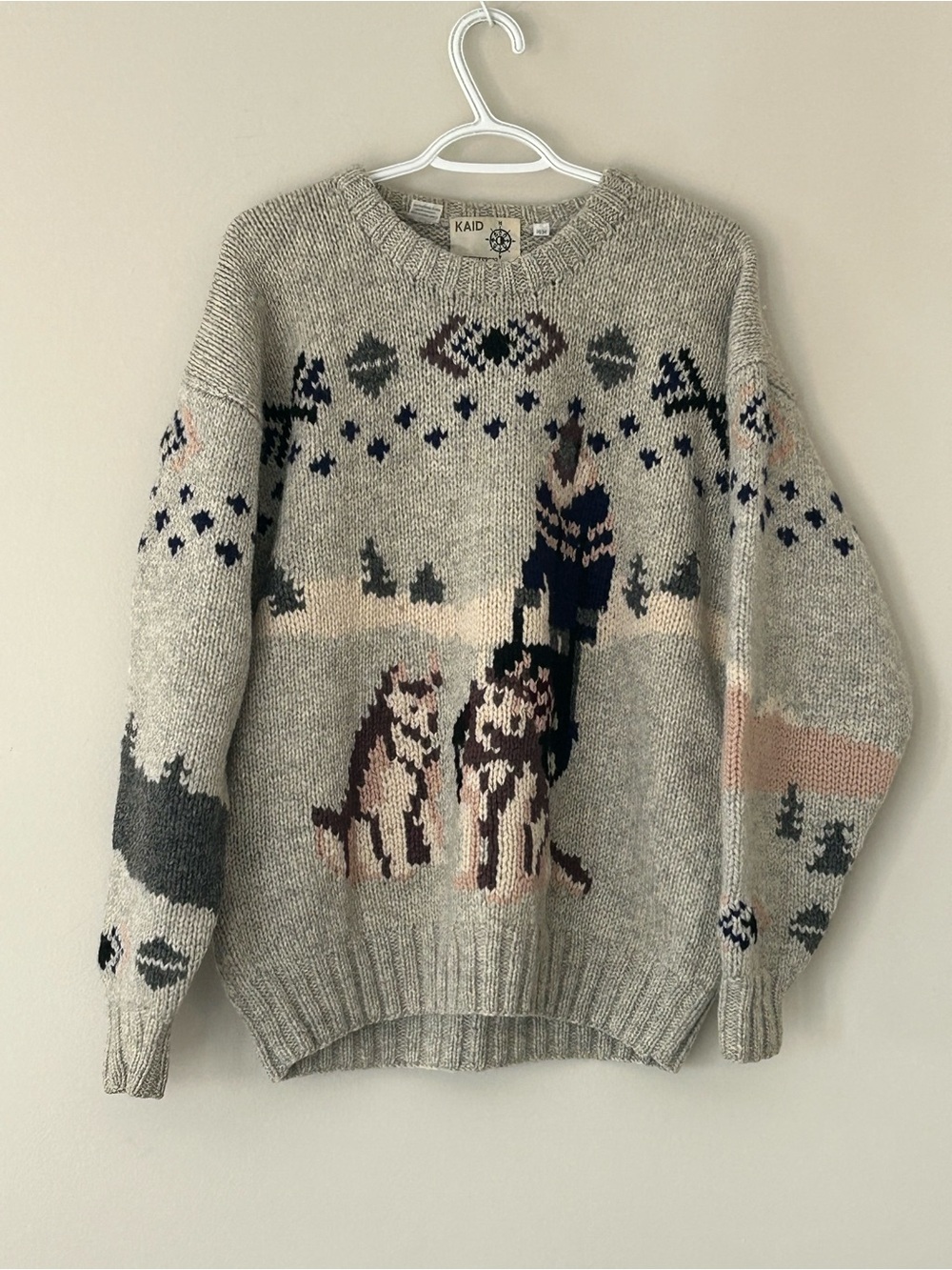Vintage KAID Expedition 100% Wool Scenic Cabincore Sled Dog Crewneck Sweater M